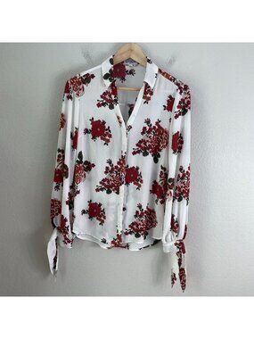 Express Portofino Shirt Womens Small Slim Fit Floral Blouse Tie Cuff Sleeves Top